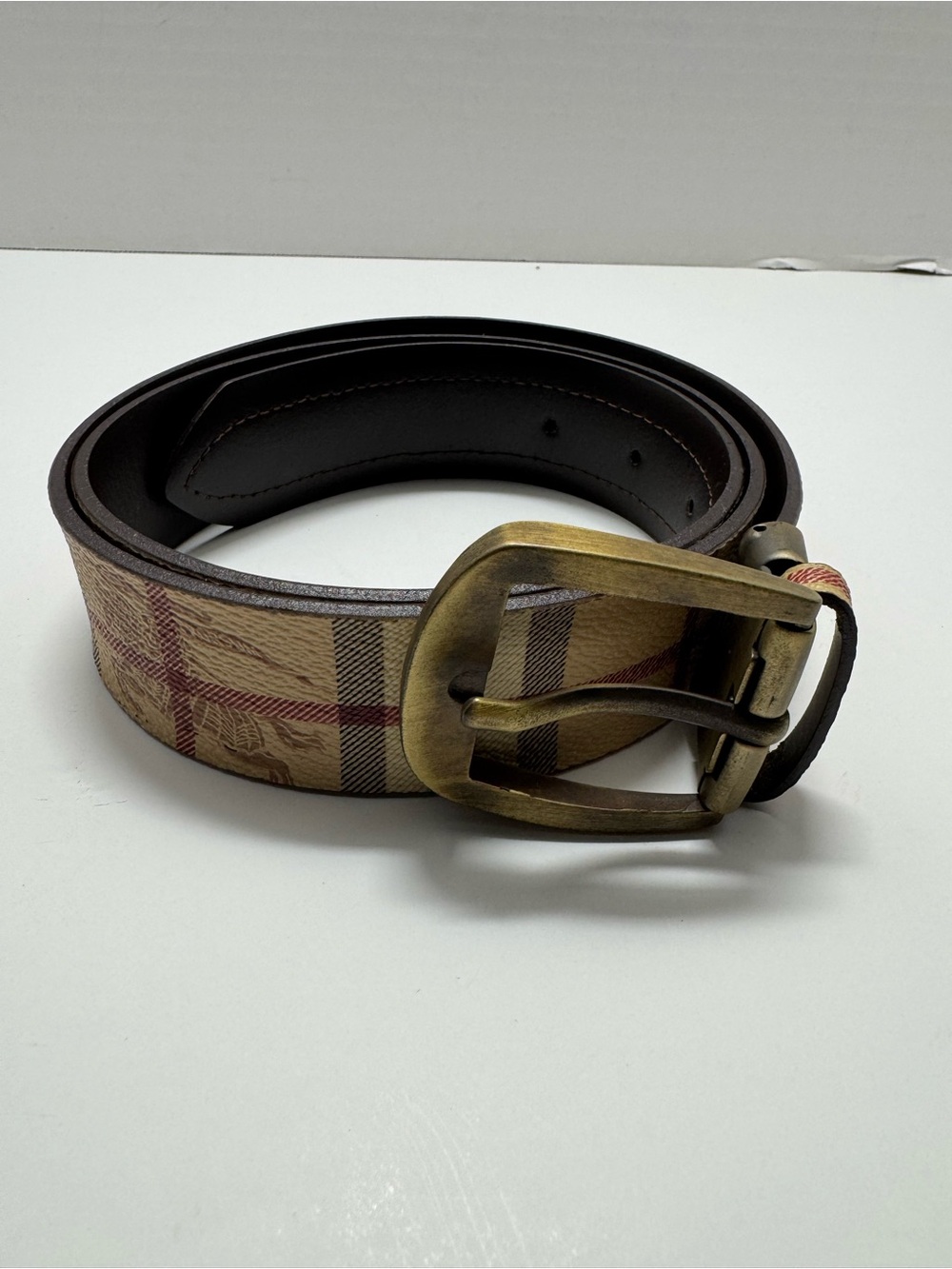 Classic Tan Plaid Men’s Leather Belt with Brass Buckle